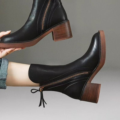 Bellora Zip-Detail Leather Ankle Boots for Women with Block Heel