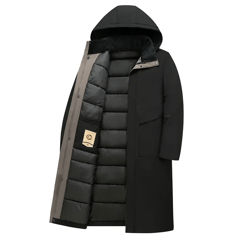 Padded Hooded Long Mens Coats with Drawstring Hem in Polyester