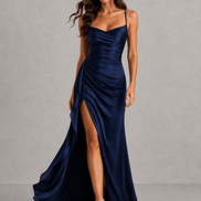 Draped Satin Ruched-Waist Women's Midi Dress with Side Split