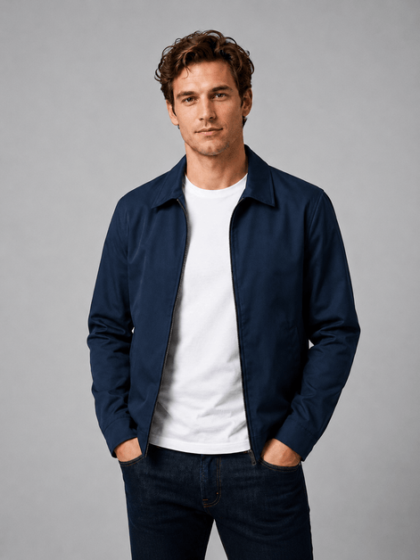 Lightweight Full Zip Mens Jacket with Checked Lining and Point Collar