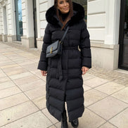 Belted Faux Fur Hood Long Puffer Winter Coats for Women