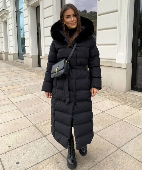Belted Faux Fur Hood Long Puffer Winter Coats for Women