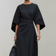 Belted Satin Midi Dress with Draped Skirt for Christmas Parties