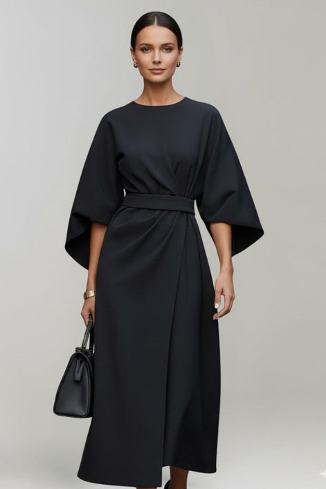 Belted Satin Midi Dress with Draped Skirt for Christmas Parties