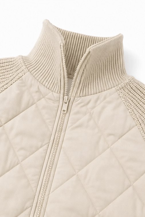 Women's Quilted Puffer Jacket with Knit Panel Trim at Waist and Cuffs