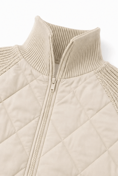 Women's Quilted Puffer Jacket with Knit Panel Trim at Waist and Cuffs