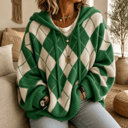 Women's Hooded Argyle Batwing Poncho Knit Jumper