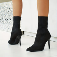 Pointed-Toe Ribbed Knit Women's Ankle Boots with Stiletto Heel