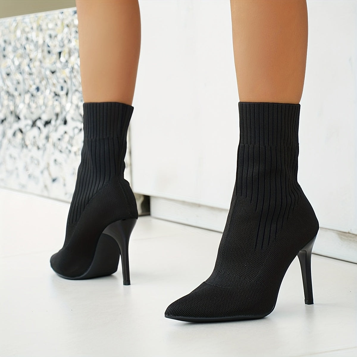 Pointed-Toe Ribbed Knit Women's Ankle Boots with Stiletto Heel