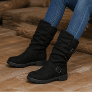 Slouchy Mid-Calf Boots with Buckle Strap for Women