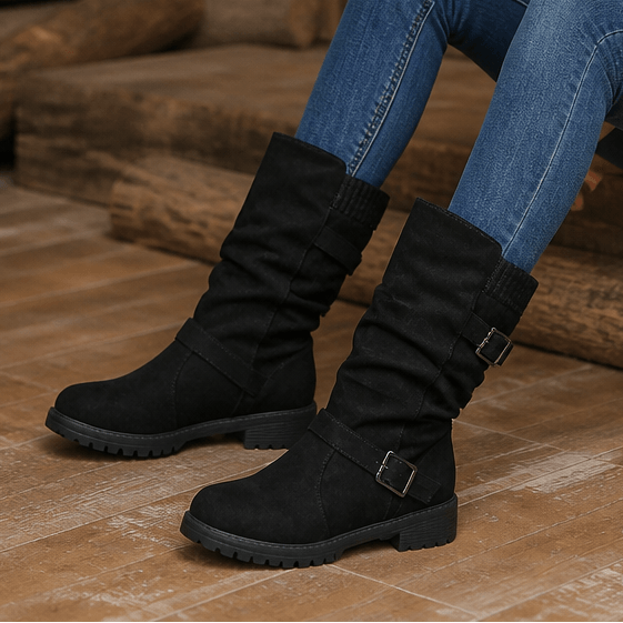 Slouchy Mid-Calf Boots with Buckle Strap for Women