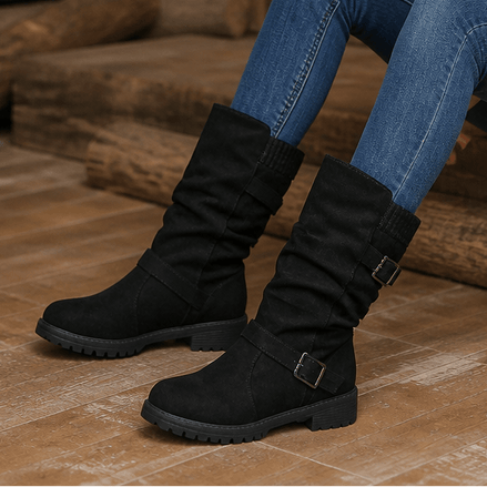 Slouchy Mid-Calf Boots with Buckle Strap for Women