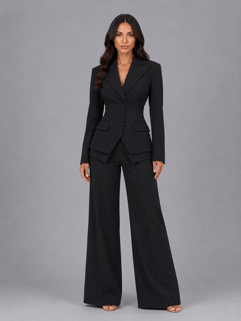 Cinched-Waist Blazer and Wide-Leg Trousers Two-Piece Co-ord Set