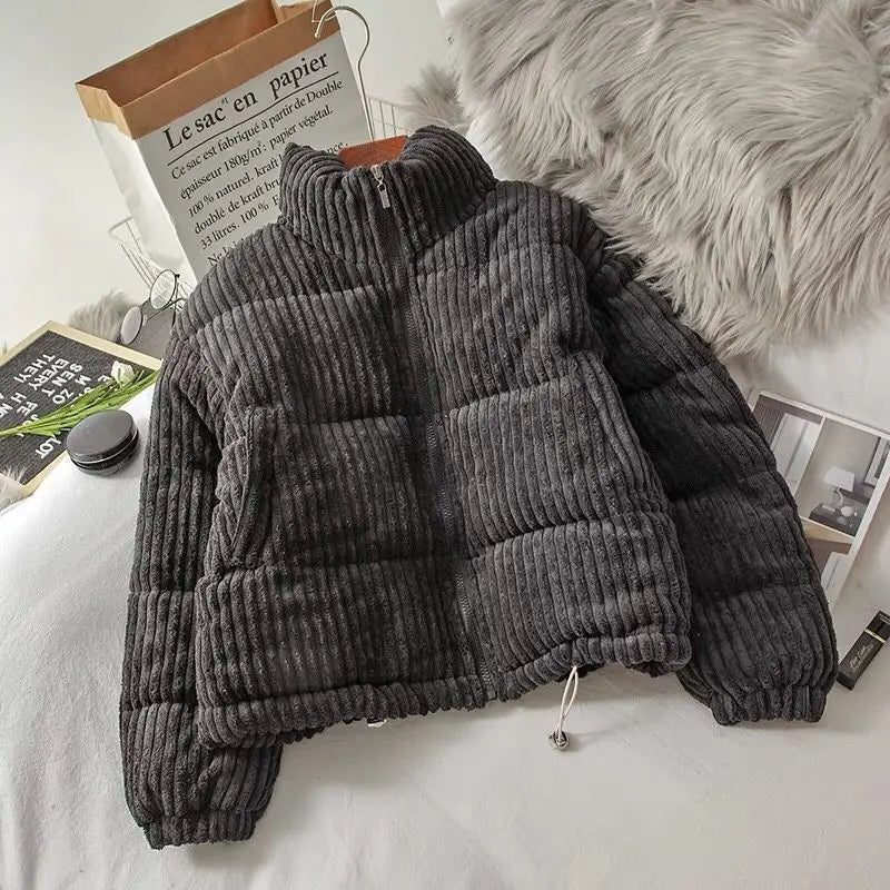 Cropped Ribbed Corduroy Quilted Puffer Jacket for Women
