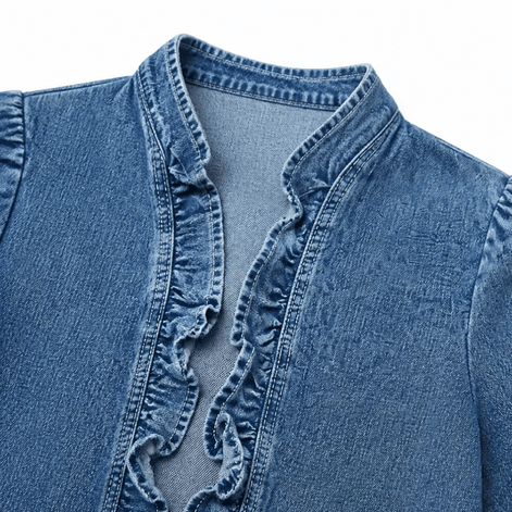 Ruffle-Trim Open-Front Denim Jacket with Puff Shoulders