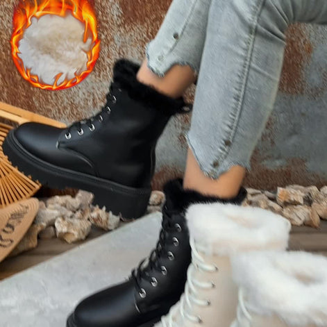 Faux Fur-Trimmed Lace-Up Platform Boots for Women with Lug Sole