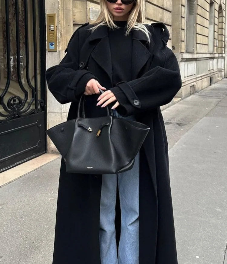 Double-Breasted Belted Wool Blend Trench Coat for Women