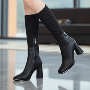 Women's Stretch Knit Block Heel Boots with Side Zip and Faux Leather Trim