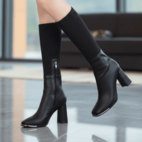 Women's Stretch Knit Block Heel Boots with Side Zip and Faux Leather Trim