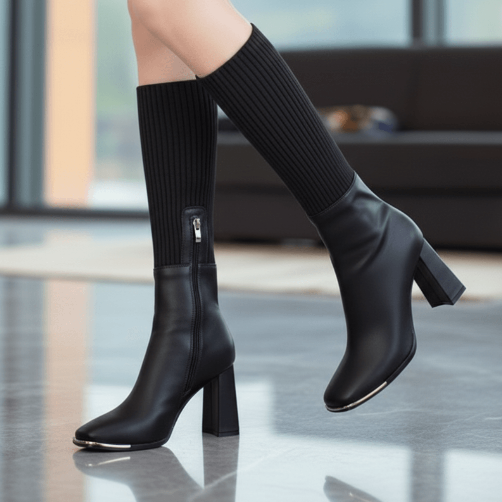 Women's Stretch Knit Block Heel Boots with Side Zip and Faux Leather Trim