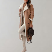 Long Belted Teddy Collar Faux Leather Winter Coats for Women