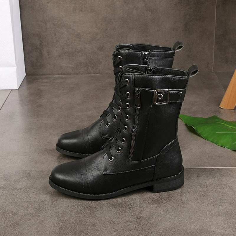 Hazel Faux Leather Combat Boots with Side Zip and Buckle Detail for Women