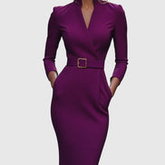 Long Sleeve Belted Bodycon Christmas Dress with Stand Collar