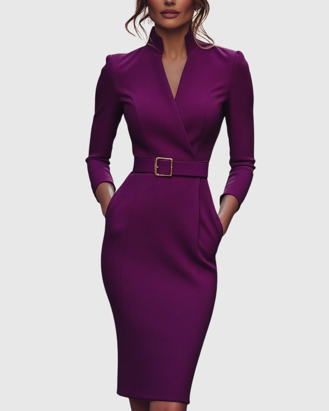 Long Sleeve Belted Bodycon Christmas Dress with Stand Collar