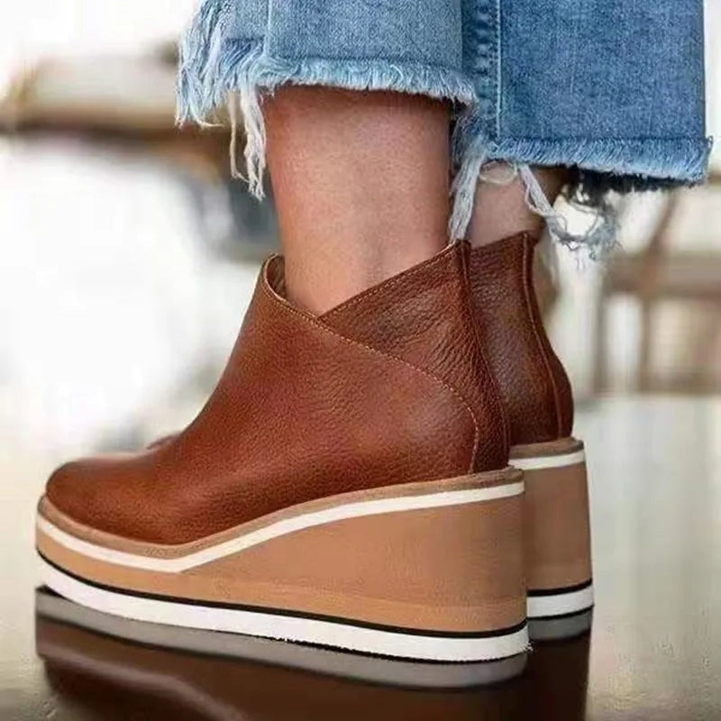 Courtney Faux Leather Wedge Boots for Women with Side Zip and Round Toe