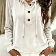 Women's Long-Sleeve Velvet Hoodie with Button Placket and Drawstring