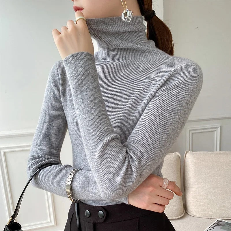 Ribbed Turtleneck Knitted Jumper for Ladies