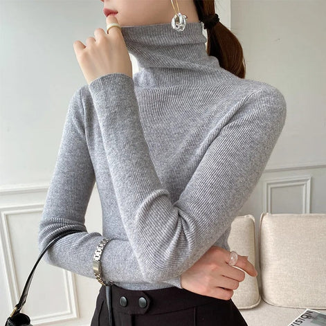 Ribbed Turtleneck Knitted Jumper for Ladies