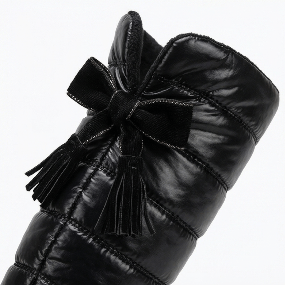 Velura Women's Black Fleece-Lined Quilted Puffer Over-the-Knee Boots with Bow Detail