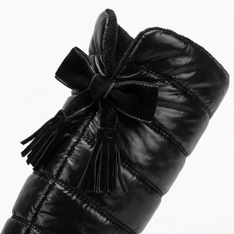 Velura Women's Black Fleece-Lined Quilted Puffer Over-the-Knee Boots with Bow Detail