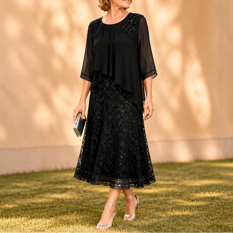Elavine Lace Overlay Chiffon Women's Midi Dress with Sheer Sleeves