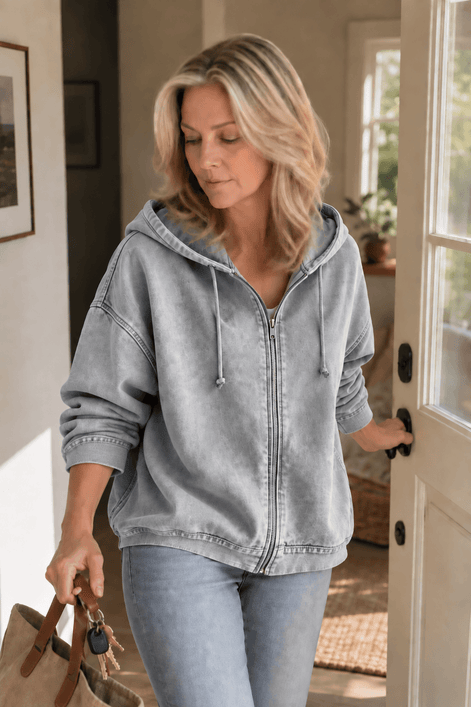 Women's Washed Oversized Zip-Up Hoodie with Lined Hood