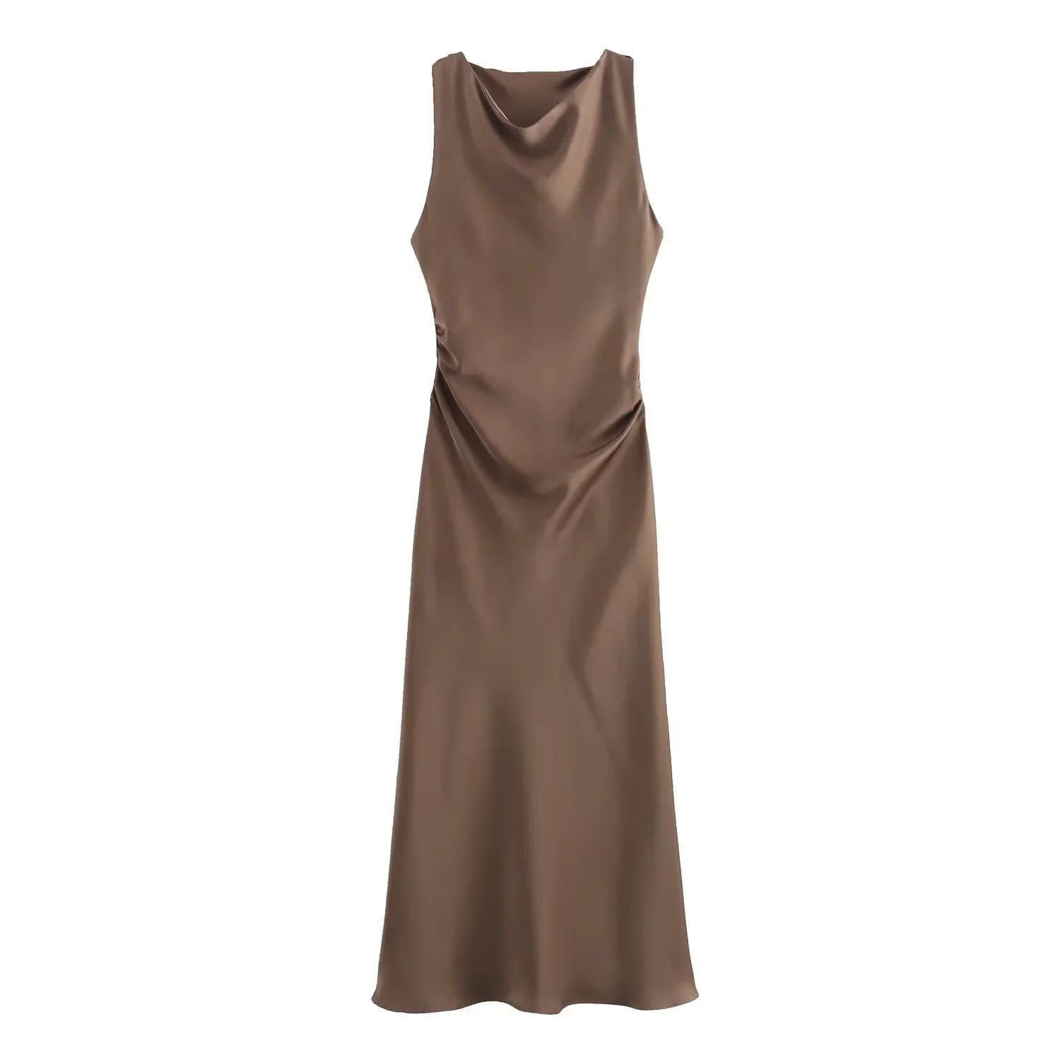 Satin Cowl Neck Midi Christmas Dress with Solid Pattern