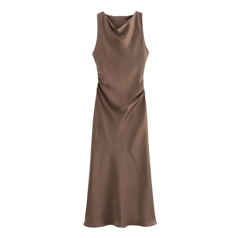 Satin Cowl Neck Midi Christmas Dress with Solid Pattern