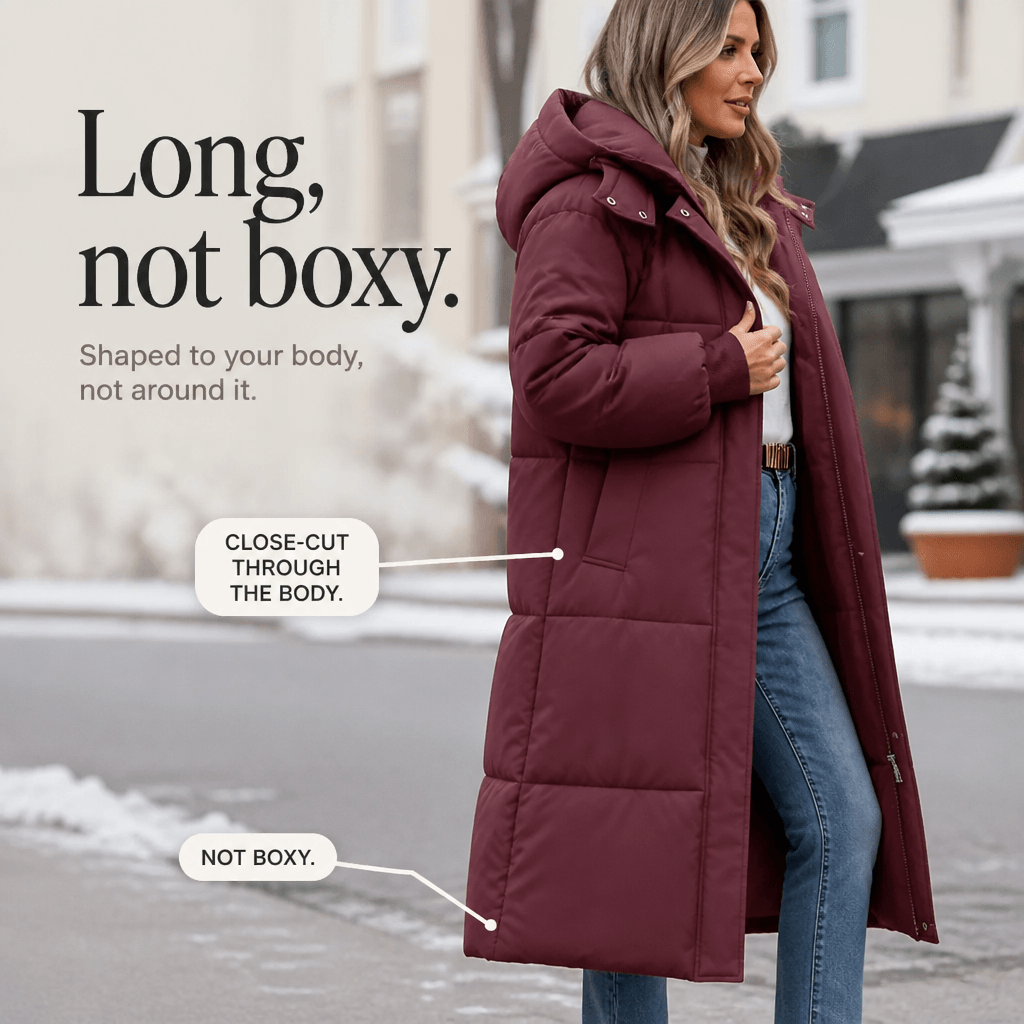 Women's Long Hooded Quilted Puffer Jacket with Side Pockets