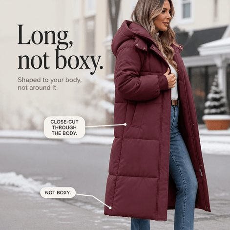 Women's Long Hooded Quilted Puffer Jacket with Side Pockets