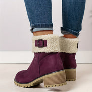 Women's Faux Suede Ankle Boots with Shearling Cuff and Block Heel