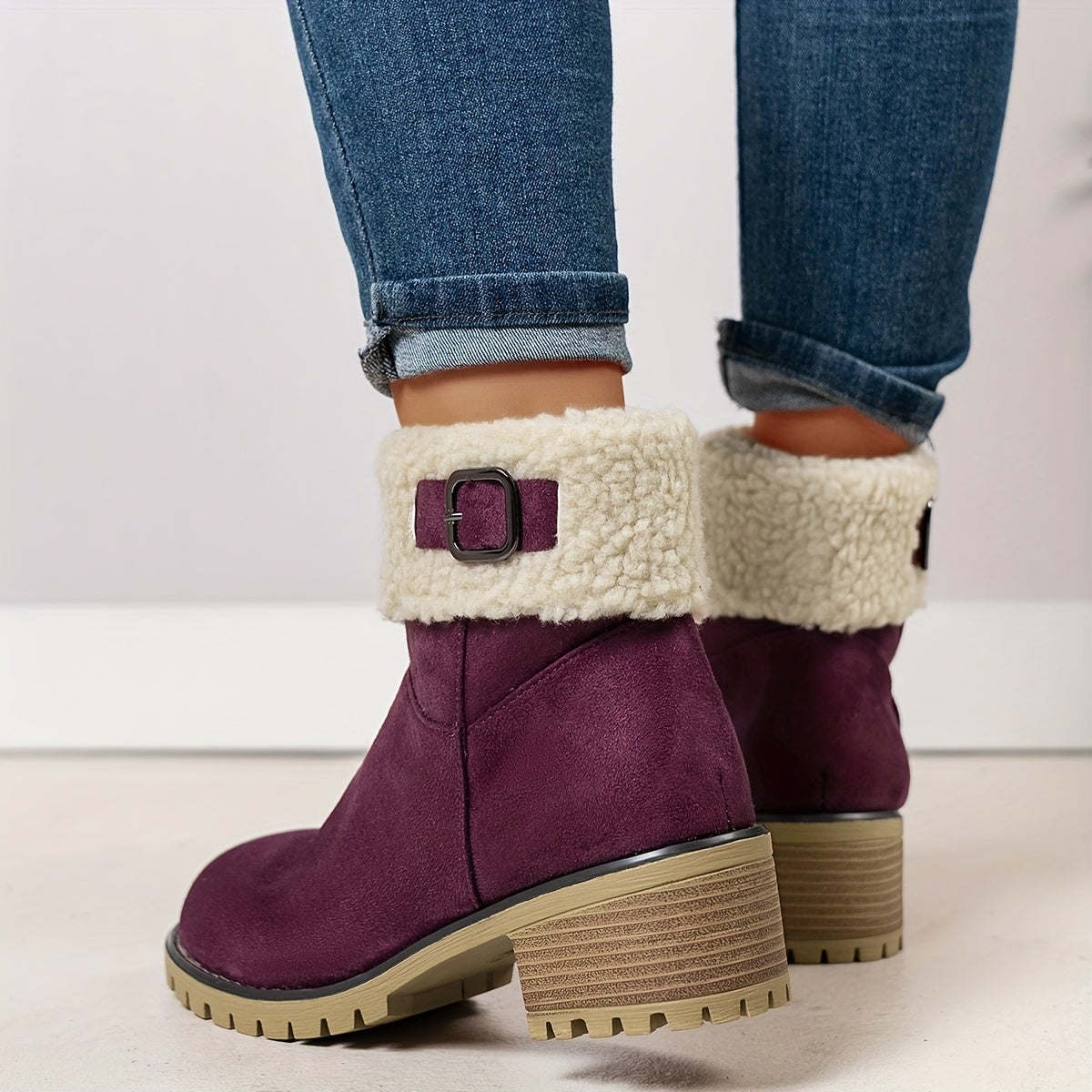Women's Faux Suede Ankle Boots with Shearling Cuff and Block Heel