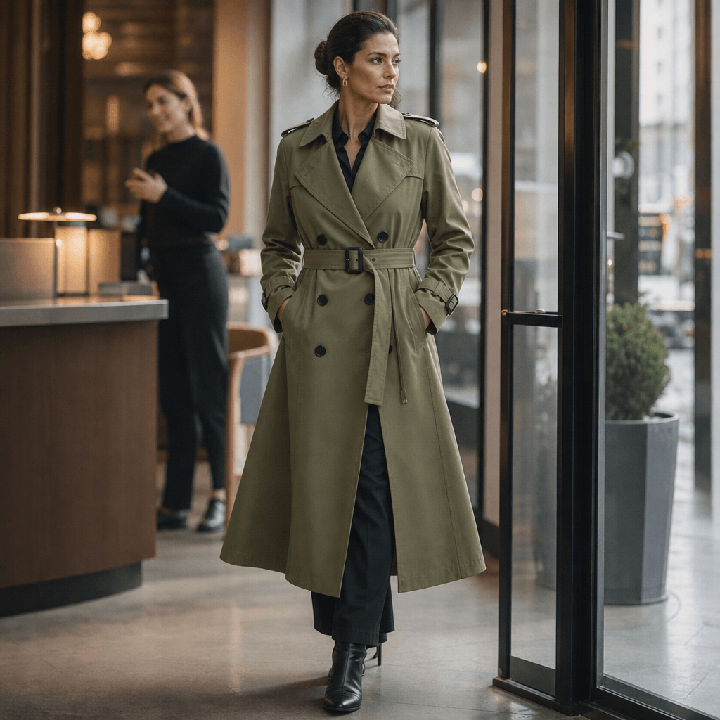 Mayfield Double-Breasted Long Belted Trench Coat with Tie Waist for Women