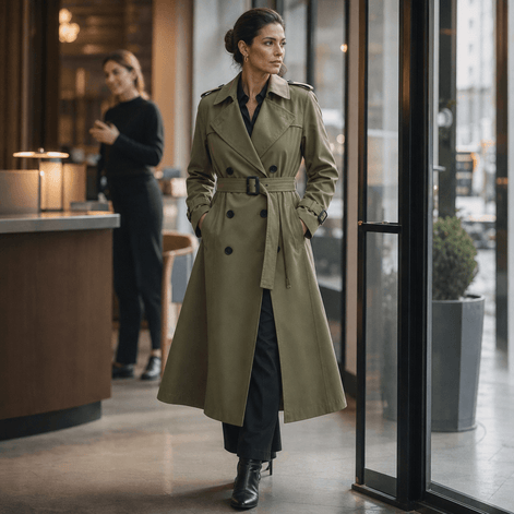 Mayfield Double-Breasted Long Belted Trench Coat with Tie Waist for Women