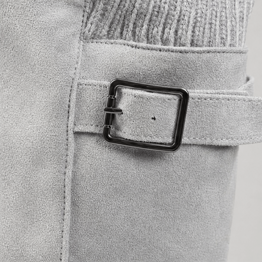 Women's Ribbed Cuff Lug Sole Slouch Boots with Buckle Detail
