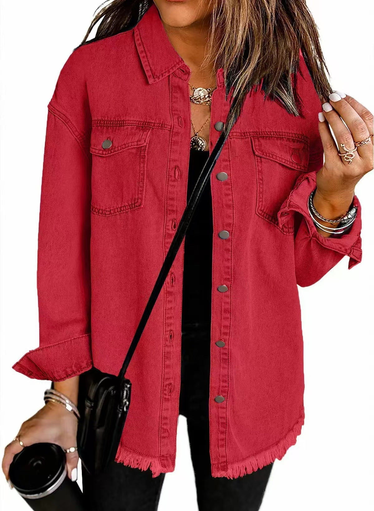 Wilda Women's Oversized Denim Shirt Coat with Frayed Hem