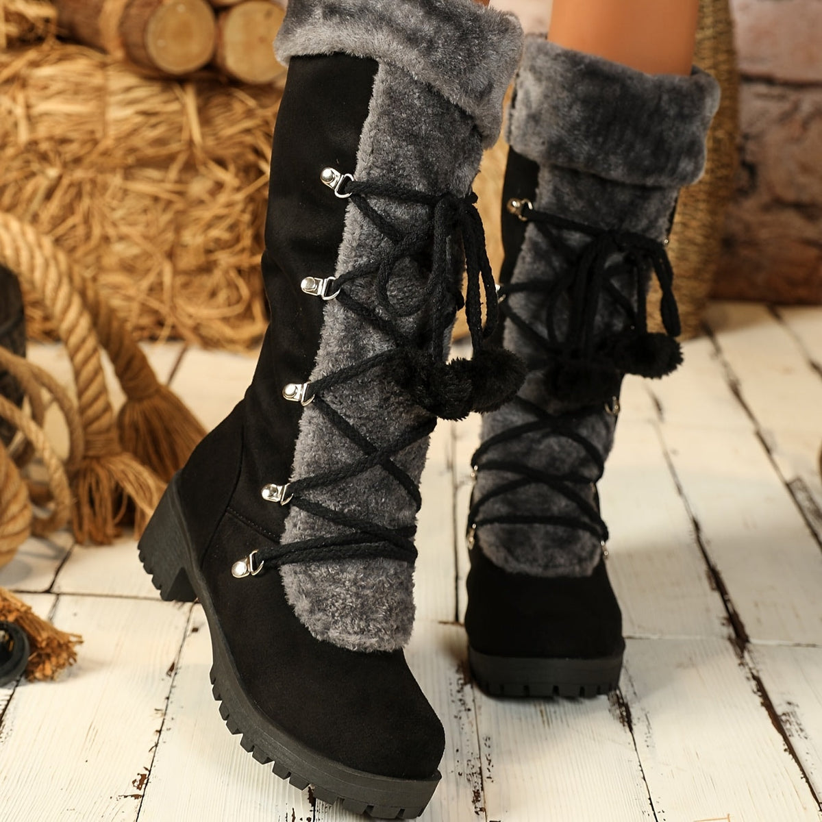 Women's Black Faux Suede Mid-Calf Boots with Faux Fur Trim and Pom-Pom Lace-Up Detail