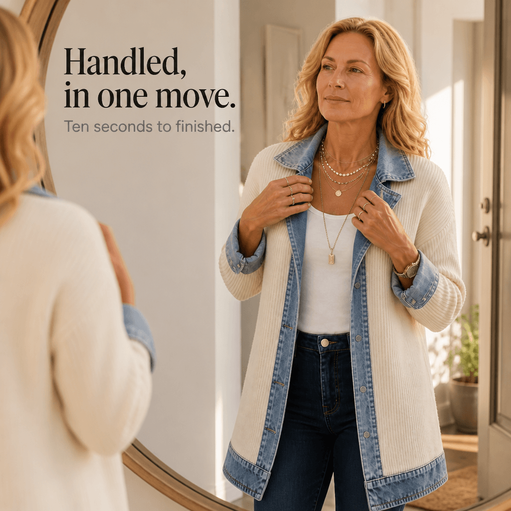 Women's Ribbed Knit Cardigan Coat with Denim Panel Trim