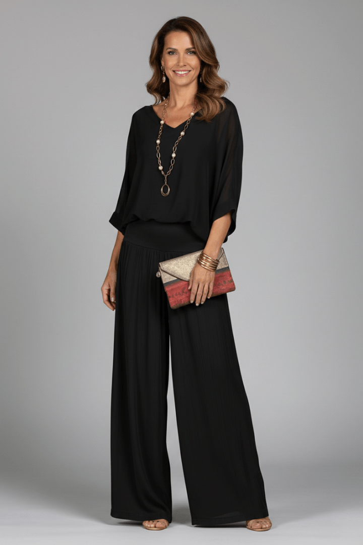 Natalie Chiffon Wide-Leg Women's Two-Piece Co-Ord Set with Draped Top