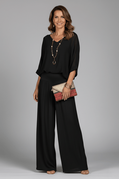 Natalie Chiffon Wide-Leg Women's Two-Piece Co-Ord Set with Draped Top